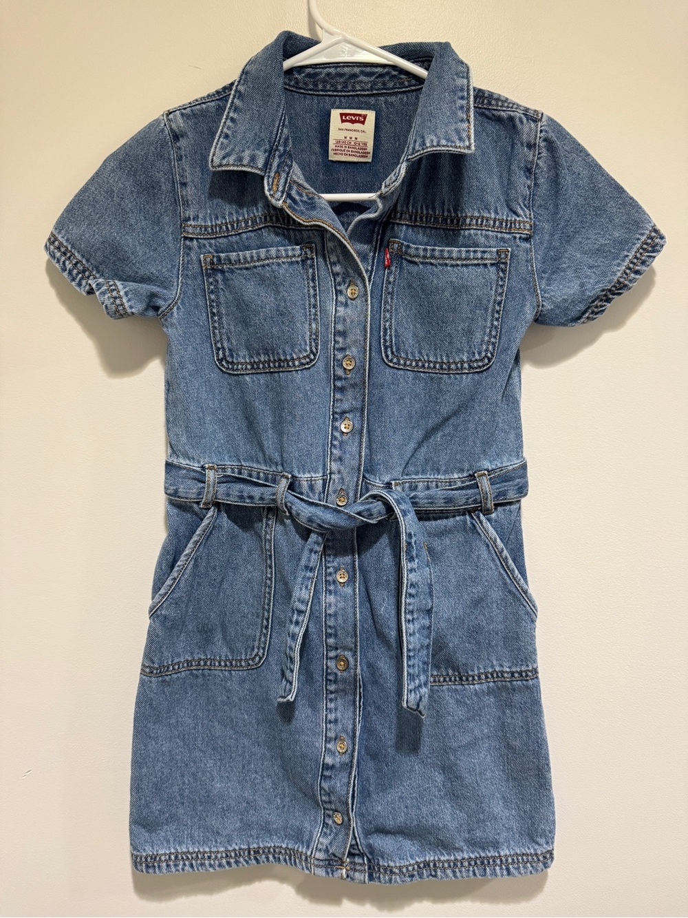 Levi's Girls' Medium Blue Denim Button-Front Dress with Tie Waist